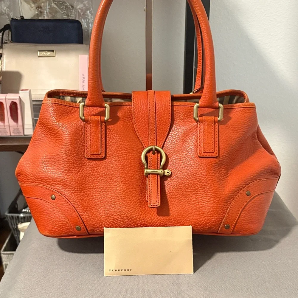Burberry Orange Vintage Pebbled Leather Satchel Bag - Picture 2 of 16